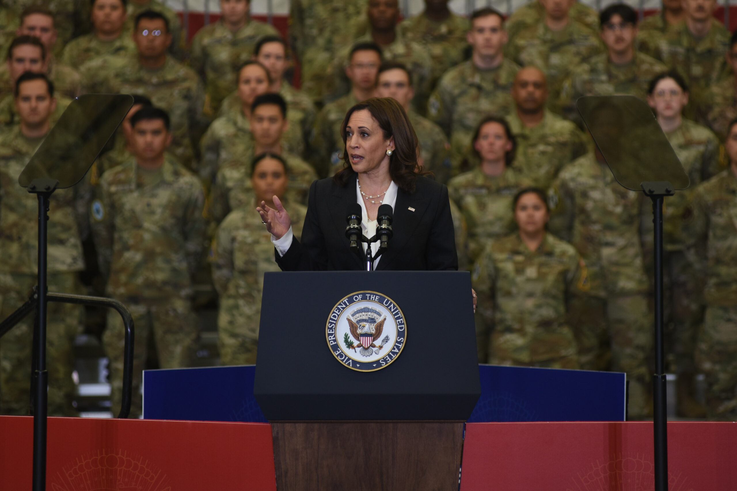 U.S. Vice President Kamala Harris stands in front of an assembly of Space Force Guardians